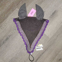 Tie Down Crochet Fly Veil Ear Bonnet, 2x piping, 5x bling *vgc, clean, mnr hair, missing 1 stone
