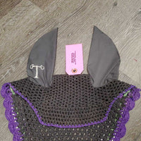 Tie Down Crochet Fly Veil Ear Bonnet, 2x piping, 5x bling *vgc, clean, mnr hair, missing 1 stone
