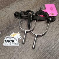 Long Neck Dressage Spurs, Braided Nylon Spur Straps *gc, mnr scratches, rubs, dirt & scuffs
