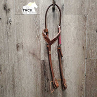 Double Stitched Stamped Leather V Brown Western Headstall, crystals *vgc, v. mnr dirt, no throat latch, scuffed keeper, mismatched ties, 1 tie torn
