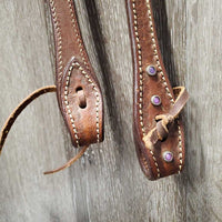 Double Stitched Stamped Leather V Brown Western Headstall, crystals *vgc, v. mnr dirt, no throat latch, scuffed keeper, mismatched ties, 1 tie torn
