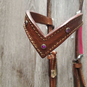 Double Stitched Stamped Leather V Brown Western Headstall, crystals *vgc, v. mnr dirt, no throat latch, scuffed keeper, mismatched ties, 1 tie torn