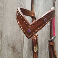 Double Stitched Stamped Leather V Brown Western Headstall, crystals *vgc, v. mnr dirt, no throat latch, scuffed keeper, mismatched ties, 1 tie torn
