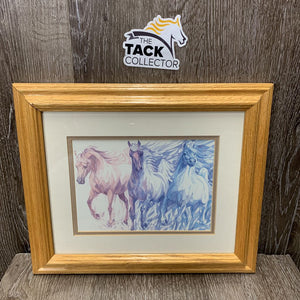 Wood Framed & Matted "3 Horses Watercolor" Print *vgc, mnr dust