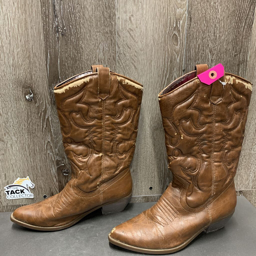 Pointed Toe Cowgirl Boots, lined *gc, mnr dirt, stains, peeling, crackles, scuffs, rubbed insoles