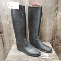 Pr Rubber Pull on Tall Riding Boots *fair/gc, clean, dirty inside, residue, split/cracked calf & toe, Paint?stains, v.rubbed heels
