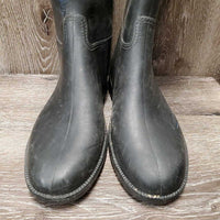 Pr Rubber Pull on Tall Riding Boots *fair/gc, clean, dirty inside, residue, split/cracked calf & toe, Paint?stains, v.rubbed heels
