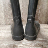 Pr Rubber Pull on Tall Riding Boots *fair/gc, clean, dirty inside, residue, split/cracked calf & toe, Paint?stains, v.rubbed heels
