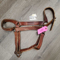 Wide Double Leather Halter, Slip nose, snap *v.short crown, rough stitching & seams, gc, older, edge scrapes, rust, dry, stiff
