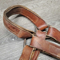 Wide Double Leather Halter, Slip nose, snap *v.short crown, rough stitching & seams, gc, older, edge scrapes, rust, dry, stiff
