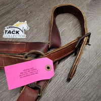 Wide Double Leather Halter, Slip nose, snap *v.short crown, rough stitching & seams, gc, older, edge scrapes, rust, dry, stiff
