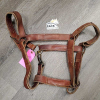 Wide Double Leather Halter, Slip nose, snap *v.short crown, rough stitching & seams, gc, older, edge scrapes, rust, dry, stiff
