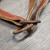 Wide Double Leather Halter, Slip nose, snap *v.short crown, rough stitching & seams, gc, older, edge scrapes, rust, dry, stiff
