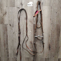 Headstall, Split Reins, Curb *clean, stiff, twists, v.creased, older, gc
