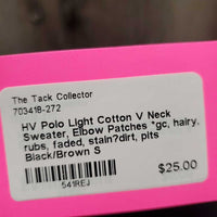 Light Cotton V Neck Sweater, Elbow Patches *gc, hairy, rubs, faded, stain?dirt, pits
