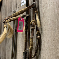 Hvy Thick Headstall, Split reins, Horsehair & Rawhide, laces *gc, film, stains, rubs, dry, broken wrap, dirty, crackles
