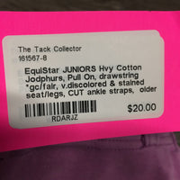 JUNIORS Hvy Cotton Jodphurs, Pull On, drawstring *gc/fair, v.discolored & stained seat/legs, CUT ankle straps, older
