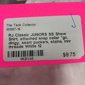 JUNIORS SS Show Shirt, attached snap collar *gc, dingy, seam puckers, stains, mnr threads