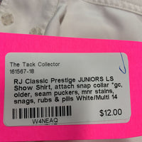 JUNIORS LS Show Shirt, attach snap collar *gc, older, seam puckers, mnr stains, snags, rubs & pills
