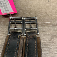 FS Narrow Leather Girth, x2 els *gc, dirt, compressed - large step, creases, dry, elastic stains, older, stretched buckle loop
