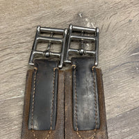 FS Narrow Leather Girth, x2 els *gc, dirt, compressed - large step, creases, dry, elastic stains, older, stretched buckle loop
