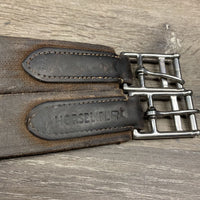 FS Narrow Leather Girth, x2 els *gc, dirt, compressed - large step, creases, dry, elastic stains, older, stretched buckle loop
