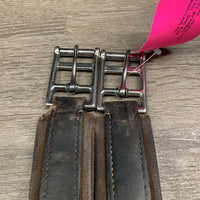 FS Narrow Leather Girth, x2 els *gc, dirt, compressed - large step, creases, dry, elastic stains, older, stretched buckle loop
