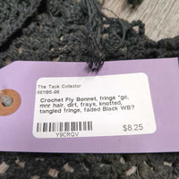 Crochet Fly Bonnet, fringe *gc, mnr hair, dirt, frays, knotted, tangled fringe, faded