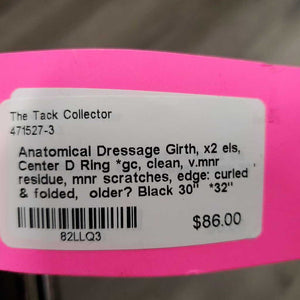 Anatomical Dressage Girth, x2 els, Center D Ring *gc, clean, v.mnr residue, mnr scratches, edge: curled & folded, older?