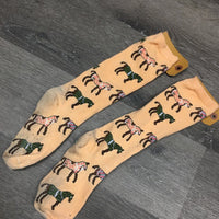 Pr Cotton Tall Socks "Jousting Horses" *gc/fair, clean, pilly, v.stained & discolored
