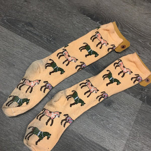 Pr Cotton Tall Socks "Jousting Horses" *gc/fair, clean, pilly, v.stained & discolored