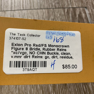 Rsd/FS Monocrown Figure 8 Bridle, Rubber Reins *xc/vgc, NO CHIN Buckle, clean, v.mnr dirt Reins: gc, dirt, residue, stains