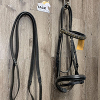 Rsd Padded Bridle, Flash, Bling, Rubber Reins *gc, mnr dirt, creases, loose keepers, dry, rubs, xholes, scraped edges, thin/rubbed rubber
