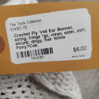 Crochet Fly Veil Ear Bonnet, string, fringe *gc, clean, older, stiff, shrunk, dingy, hair
