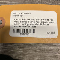 Crochet Ear Bonnet Fly Veil, piping, string *gc, clean, curled, older, fading, mnr dirt & frays
