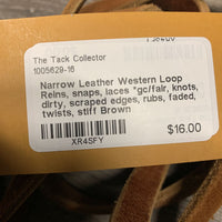 Narrow Leather Western Loop Reins, snaps, laces *gc/fair, knots, dirty, scraped edges, rubs, faded, twists, stiff
