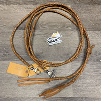 Narrow Round Braided Leather Split Reins, Snaps, tassle end, Lg Keeper *vgc, clean, older, dry, stiff, mnr stains
