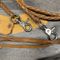 Narrow Round Braided Leather Split Reins, Snaps, tassle end, Lg Keeper *vgc, clean, older, dry, stiff, mnr stains
