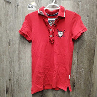 SS Cotton T Shirt, 1/4 Button Up, Ruffles *gc, mnr snags & hair, curled collar edges & ruffles, faded edges
