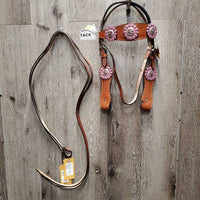 Tooled Headstall, Lg Conchos, Split Reins *vgc, stiff, dry, peeled edges, clean, mnr stains & rubs
