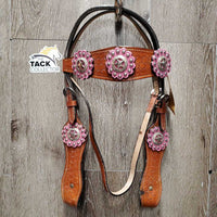 Tooled Headstall, Lg Conchos, Split Reins *vgc, stiff, dry, peeled edges, clean, mnr stains & rubs
