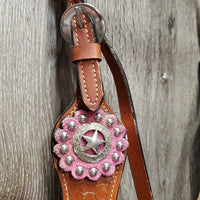 Tooled Headstall, Lg Conchos, Split Reins *vgc, stiff, dry, peeled edges, clean, mnr stains & rubs
