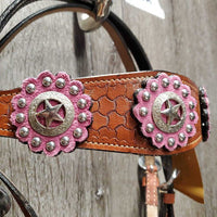 Tooled Headstall, Lg Conchos, Split Reins *vgc, stiff, dry, peeled edges, clean, mnr stains & rubs
