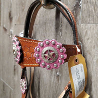 Tooled Headstall, Lg Conchos, Split Reins *vgc, stiff, dry, peeled edges, clean, mnr stains & rubs
