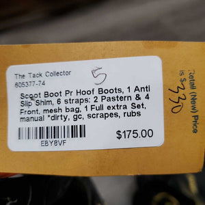 Pr Hoof Boots, 1 Anti Slip Shim, 6 straps: 2 Pastern & 4 Front, mesh bag, 1 Full extra Set, manual *dirty, gc, scrapes, rubs