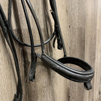 Rolled Leather Bridle, Rubber Reins, Clinker *NO Flash, clean, white film, xholes, v.dry, v.stiff, STUCK browband *Reins: new
