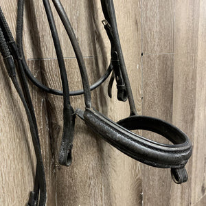 Rolled Leather Bridle, Rubber Reins, Clinker *NO Flash, clean, white film, xholes, v.dry, v.stiff, STUCK browband *Reins: new