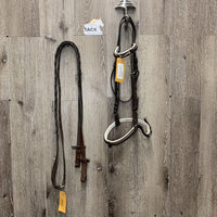 Padded Rsd Bridle, Wide Flat Braided Reins, Bit, buckles *NO Flash, gc, older, clean, stiff, dry, faded, stains, xholes, stitching
