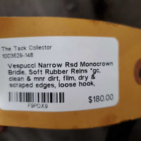 Narrow Rsd Monocrown Bridle, Soft Rubber Reins *gc, clean & mnr dirt, film, dry & scraped edges, loose hook, mismatched reins
