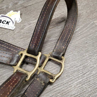 Triple Stitch Leather Halter *fair, older, dents, stained/discolour, oxidization, name plate holes, rubbed, dry
